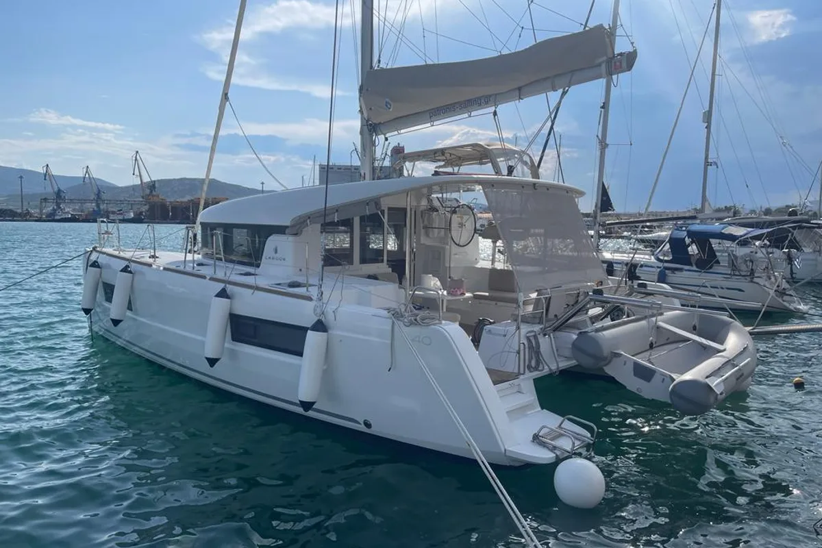Exterior view of Nina (A/C, Gen 10KWA, watermaker, electric winch), a Lagoon 40 catamaran at Volos Municipality, Greece