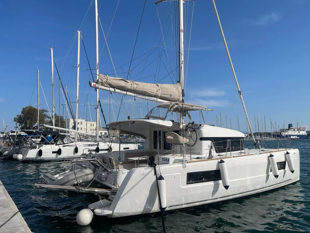 Exterior view of Nina (A/C, Gen 10KWA, watermaker, electric winch), a Lagoon 40 catamaran at Volos Municipality, Greece