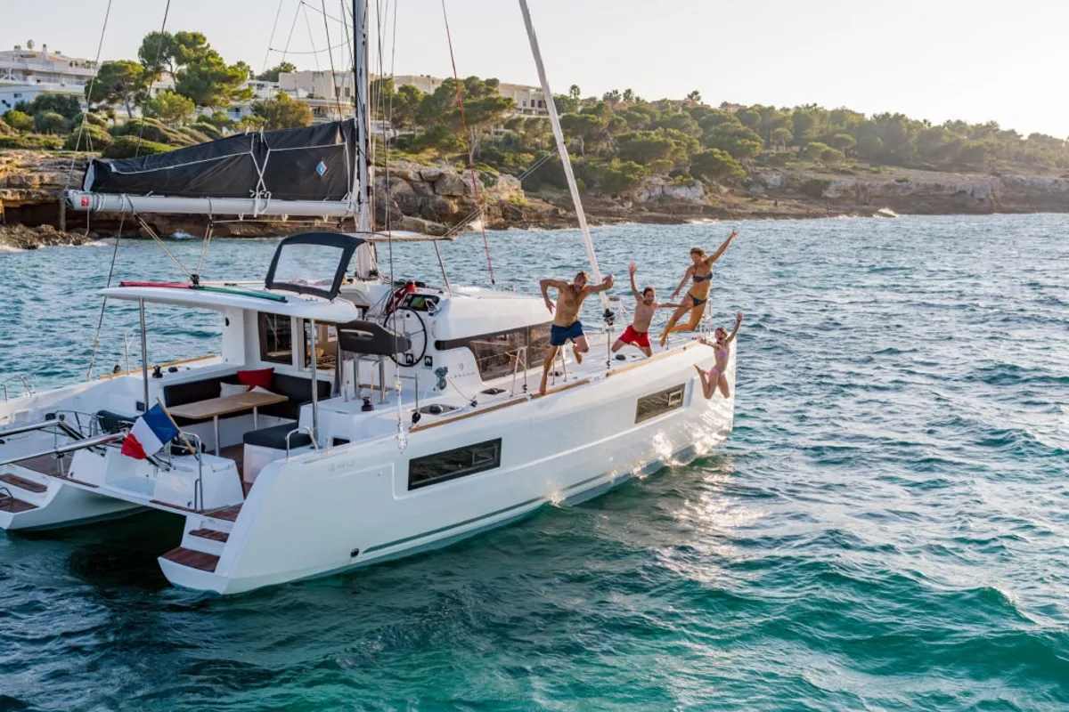 Exterior view of Nina (A/C, Gen 10KWA, watermaker, electric winch), a Lagoon 40 catamaran at Volos Municipality, Greece
