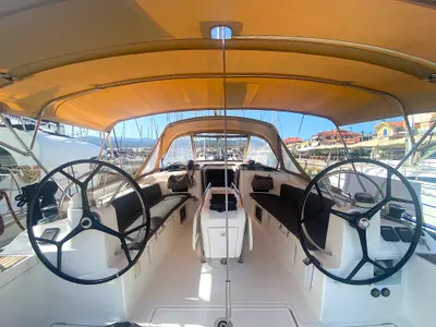 Cockpit of Artdrenalin, a Jeanneau Sun Odyssey 479 sailboat at Municipal Unit of Lefkada, Greece