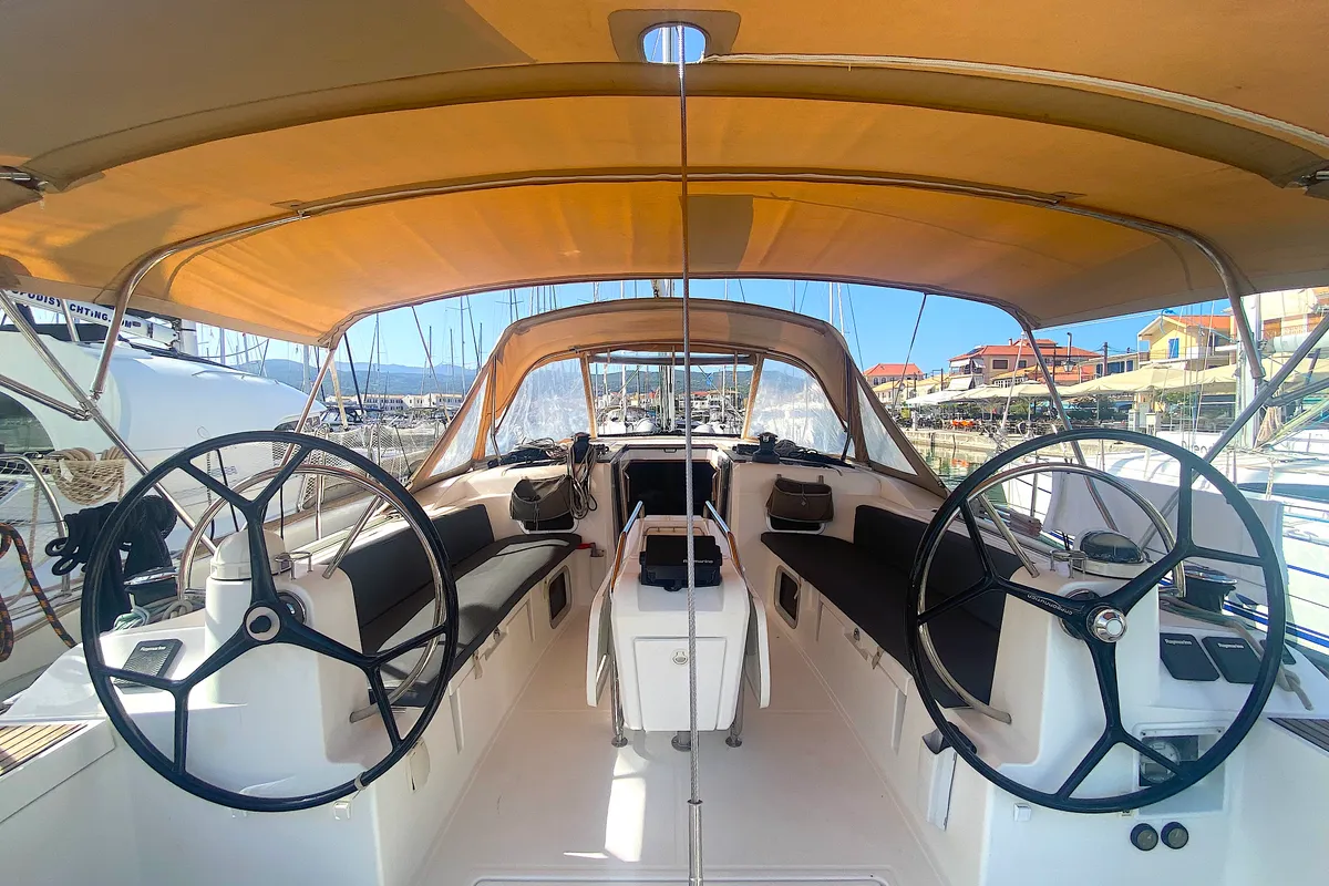 Cockpit of Artdrenalin, a Jeanneau Sun Odyssey 479 sailboat at Municipal Unit of Lefkada, Greece