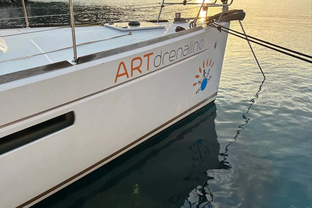 Exterior view of Artdrenalin, a Jeanneau Sun Odyssey 479 sailboat at Municipal Unit of Lefkada, Greece
