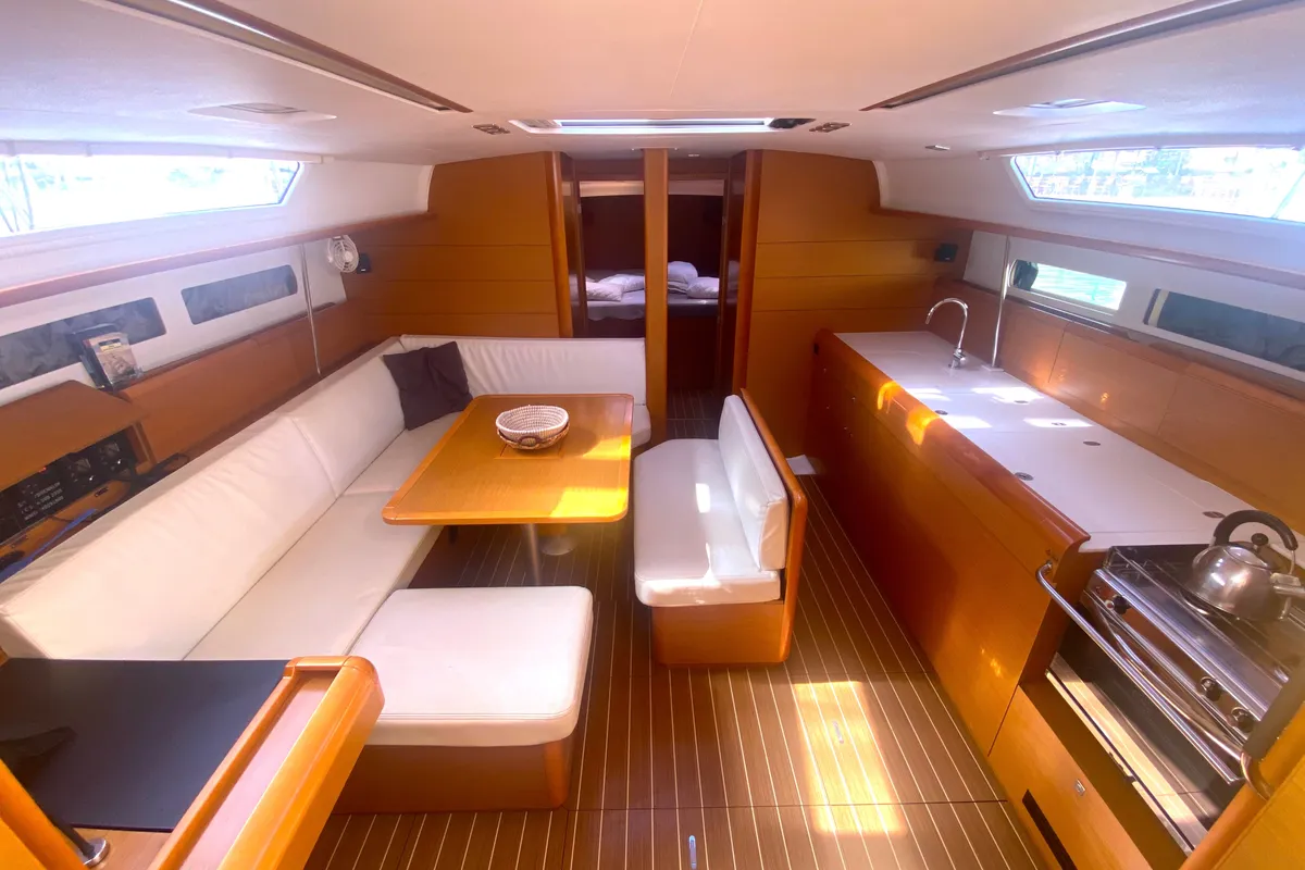 Galley of Artdrenalin, a Jeanneau Sun Odyssey 479 sailboat at Municipal Unit of Lefkada, Greece