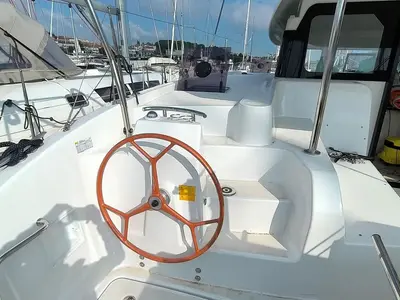 Cockpit of GINGER FIZZ V, a Excess 11 catamaran at Pula, Croatia