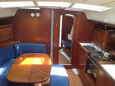 Salon of Hinitsa, a Beneteau Oceanis 393 sailboat at Kontokali, Greece