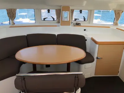 Salon of Lagoon 380 S2, a catamaran at Kontokali, Greece