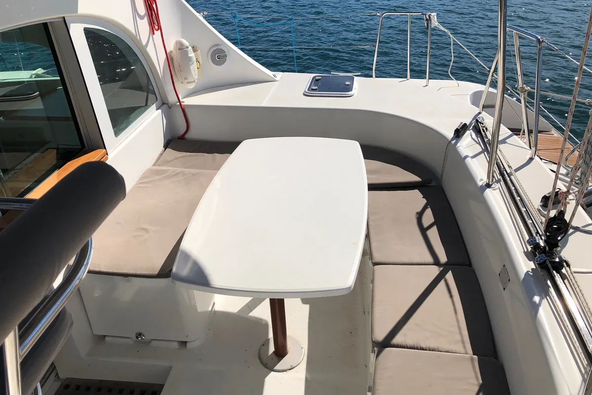 Deck of Lagoon 380 S2, a catamaran at Kontokali, Greece