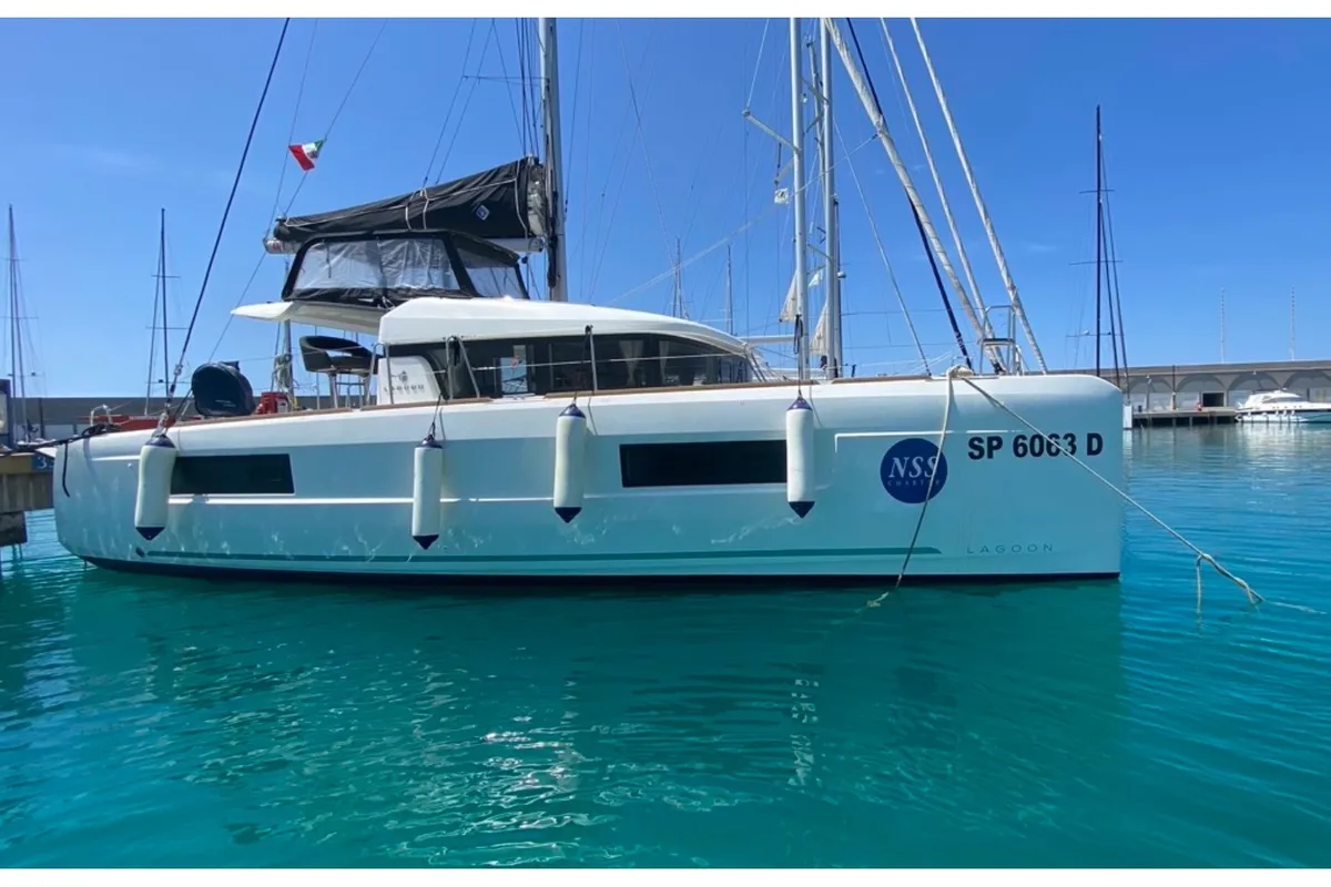 Exterior view of Orso Di Mare, a Lagoon 40 catamaran at Rosignano Solvay, Italy