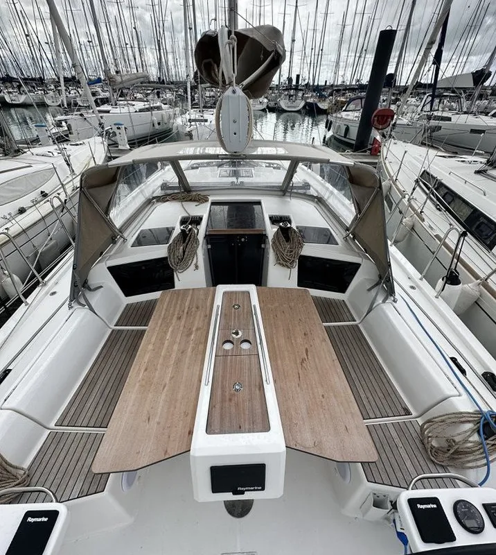Deck of Stella Marie IV, a Dufour 390 sailboat at La Rochelle, France