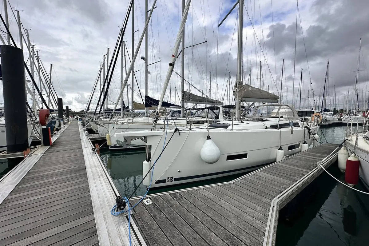 Exterior view of Stella Marie IV, a Dufour 390 sailboat at La Rochelle, France