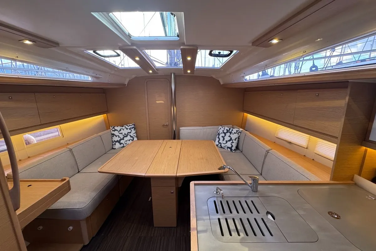 Salon of Stella Marie IV, a Dufour 390 sailboat at La Rochelle, France