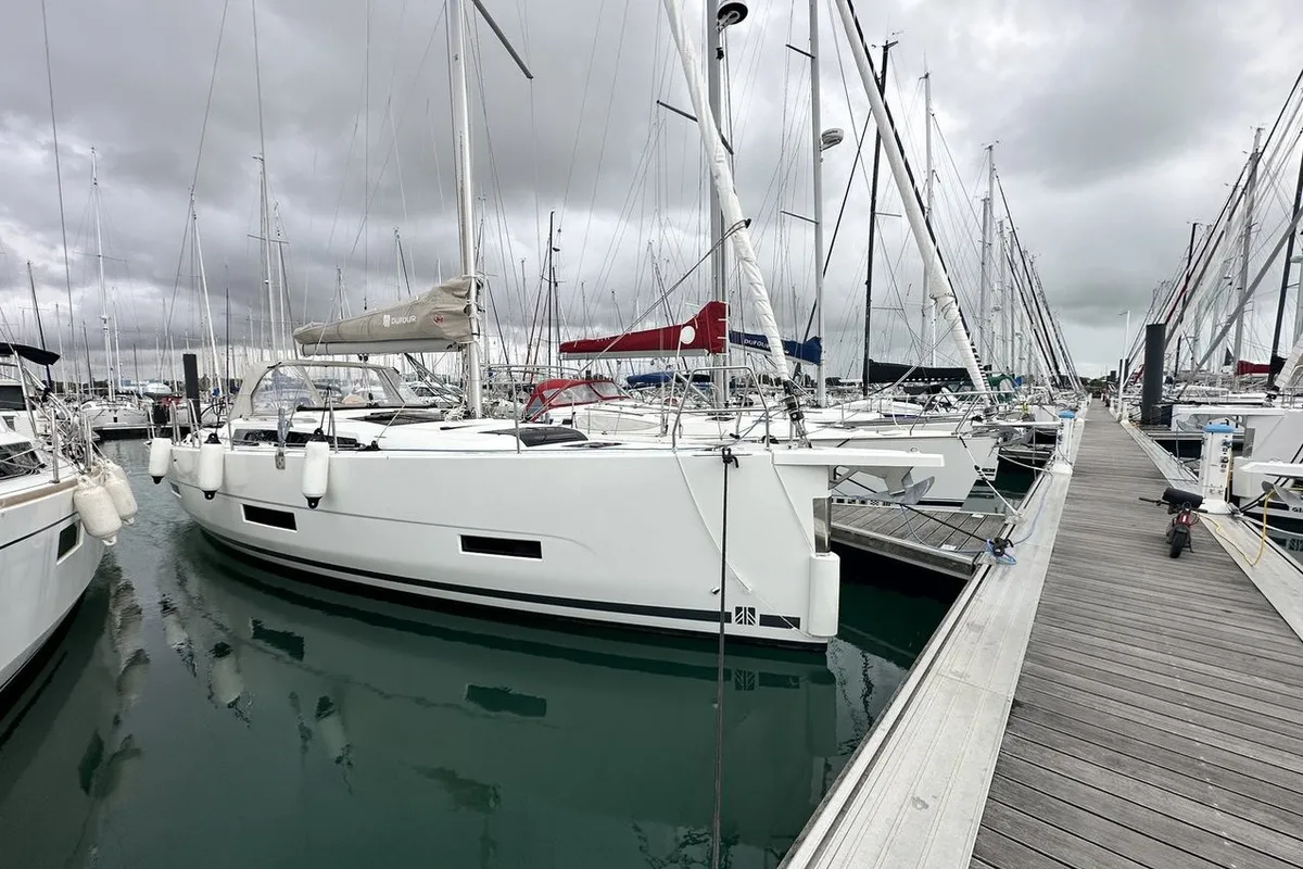 Exterior view of Stella Marie IV, a Dufour 390 sailboat at La Rochelle, France