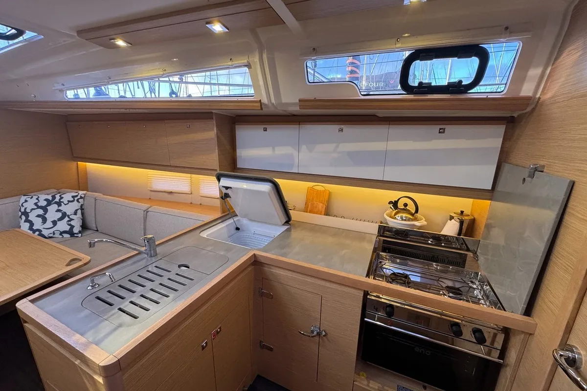 Galley of Stella Marie IV, a Dufour 390 sailboat at La Rochelle, France