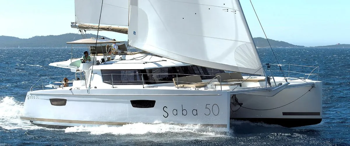 Exterior view of Bicos, a Fountaine Pajot Saba 50 catamaran at Fethiye, Turkey