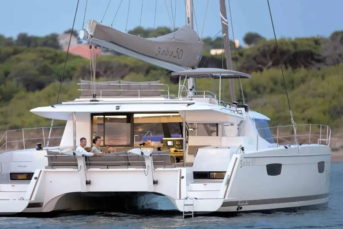 Exterior view of Bicos, a Fountaine Pajot Saba 50 catamaran at Fethiye, Turkey