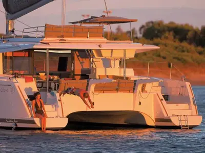 Exterior view of Bicos, a Fountaine Pajot Saba 50 catamaran at Fethiye, Turkey