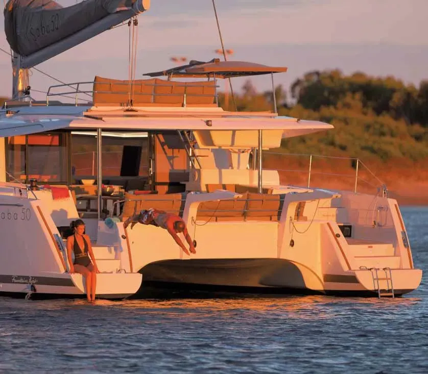 Exterior view of Bicos, a Fountaine Pajot Saba 50 catamaran at Fethiye, Turkey