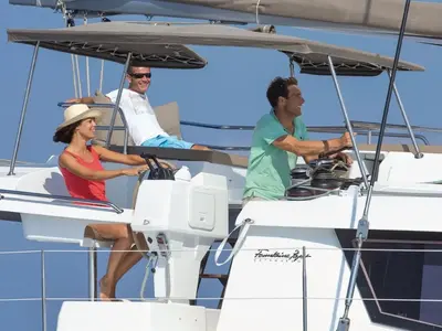 Cockpit of Bicos, a Fountaine Pajot Saba 50 catamaran at Fethiye, Turkey