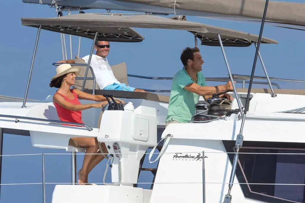 Cockpit of Bicos, a Fountaine Pajot Saba 50 catamaran at Fethiye, Turkey