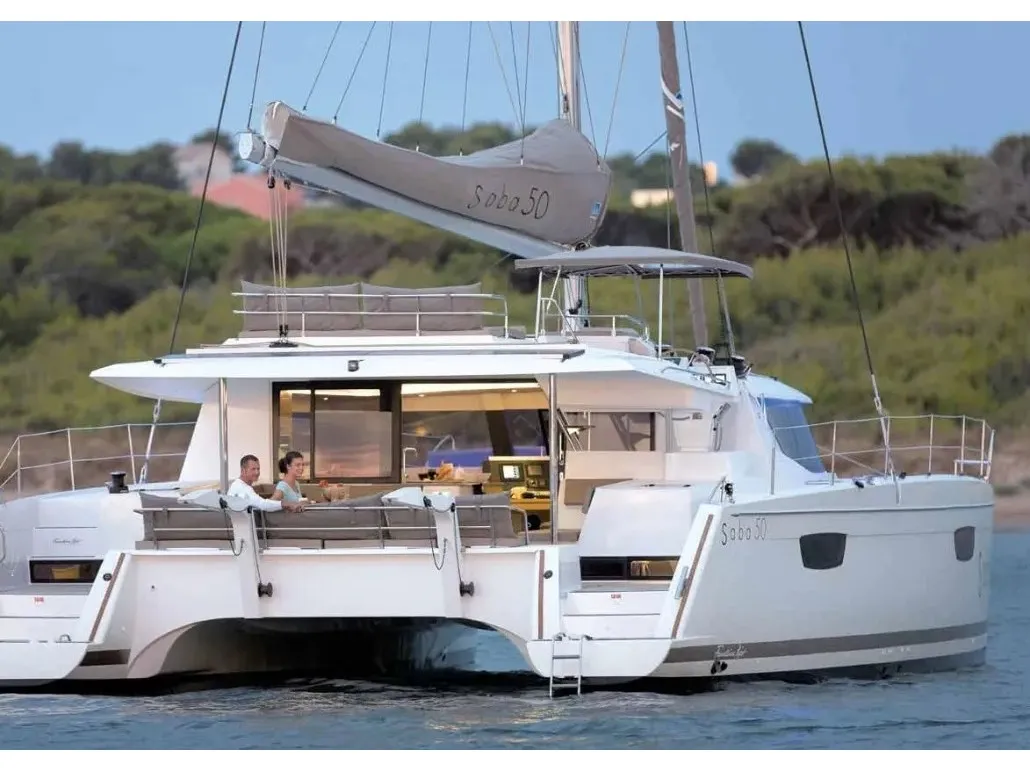 Exterior view of Bicos, a Fountaine Pajot Saba 50 catamaran at Fethiye, Turkey