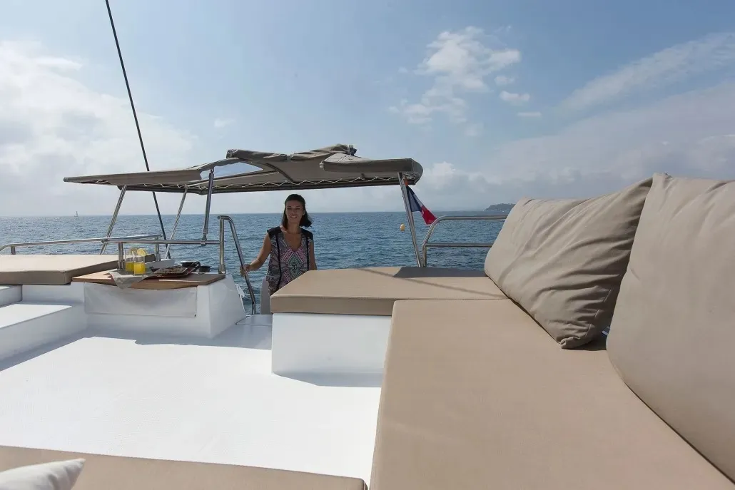 Deck of Bicos, a Fountaine Pajot Saba 50 catamaran at Fethiye, Turkey