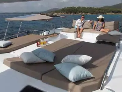 Deck of Bicos, a Fountaine Pajot Saba 50 catamaran at Fethiye, Turkey