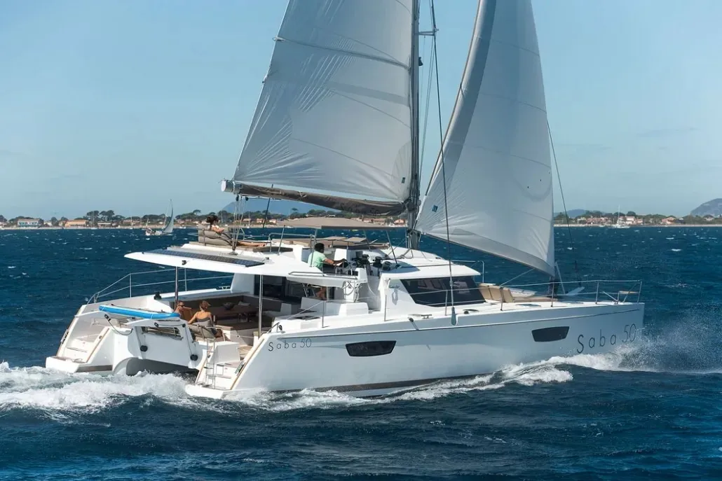 Exterior view of Bicos, a Fountaine Pajot Saba 50 catamaran at Fethiye, Turkey