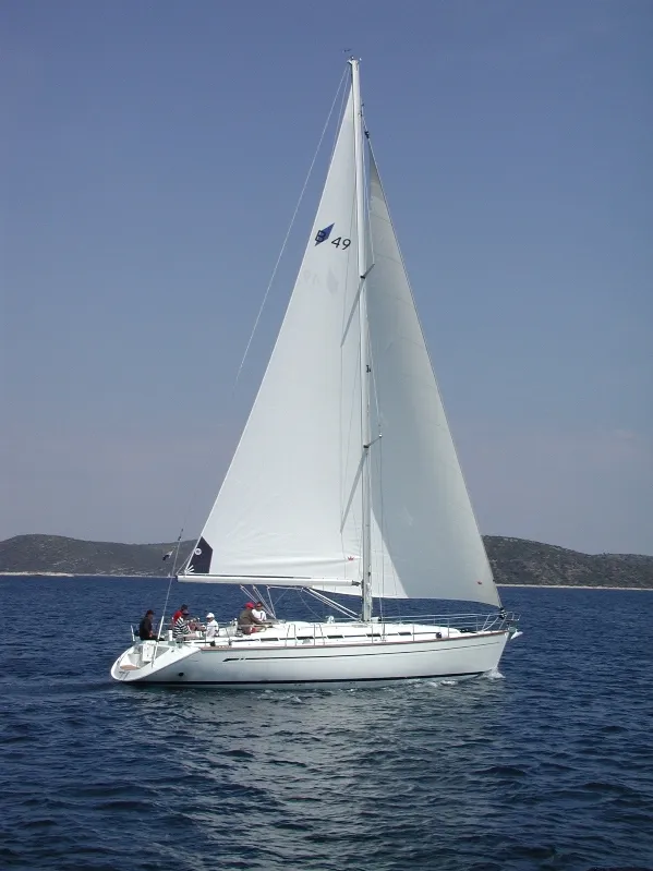 Exterior view of Kokica, a Bavaria 49 sailboat at Grad Trogir, Croatia