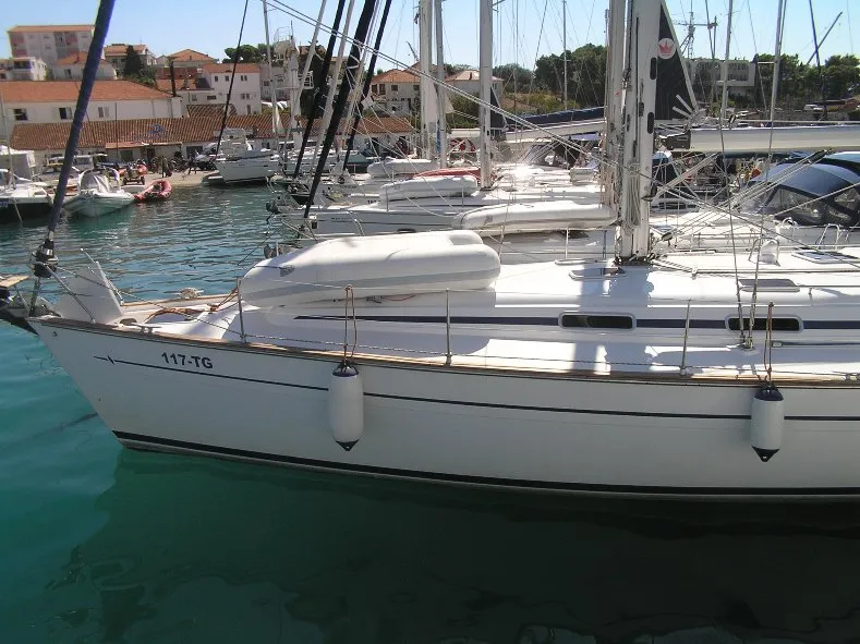 Exterior view of Kokica, a Bavaria 49 sailboat at Grad Trogir, Croatia