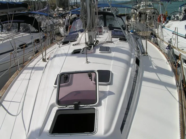 Deck of Kokica, a Bavaria 49 sailboat at Grad Trogir, Croatia