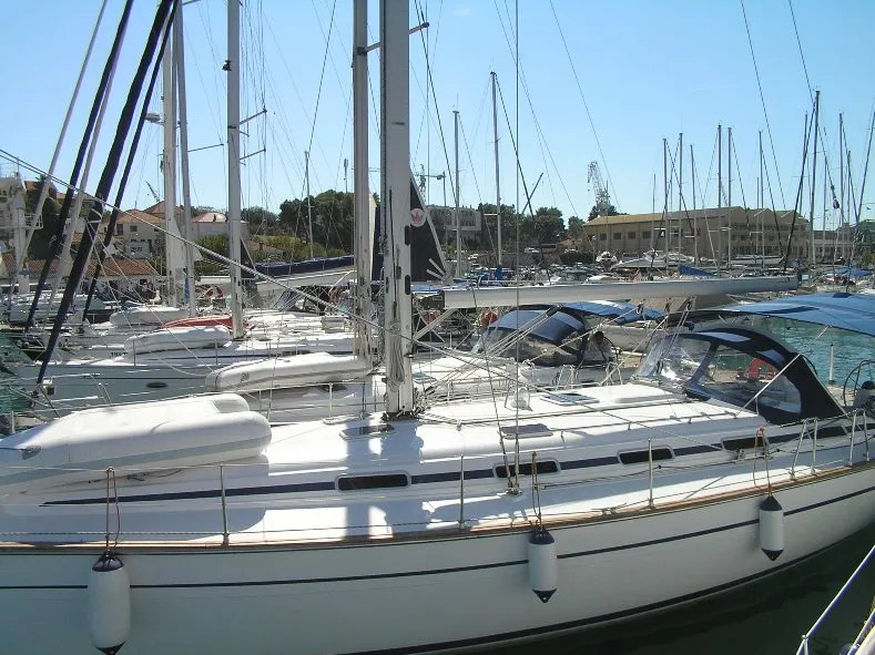 Exterior view of Kokica, a Bavaria 49 sailboat at Grad Trogir, Croatia