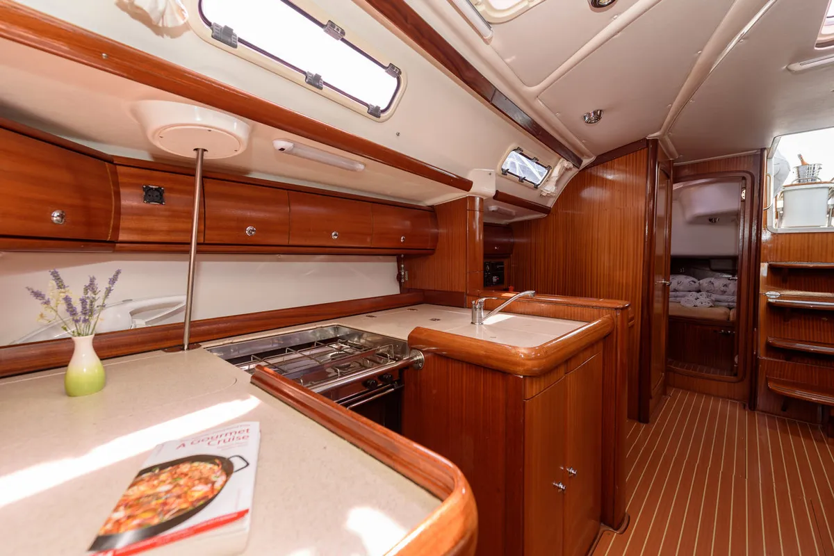 Galley of Kokica, a Bavaria 49 sailboat at Grad Trogir, Croatia