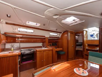 Galley of Kokica, a Bavaria 49 sailboat at Grad Trogir, Croatia