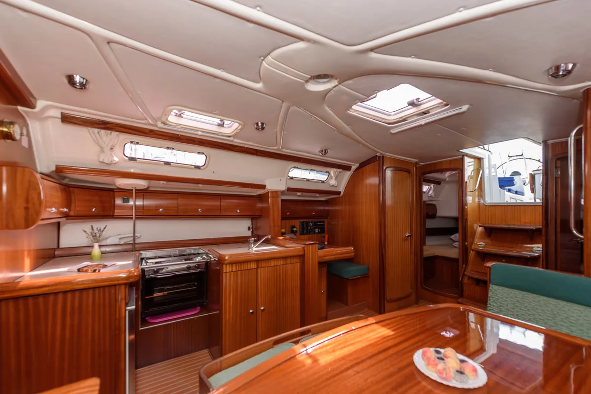 Galley of Kokica, a Bavaria 49 sailboat at Grad Trogir, Croatia