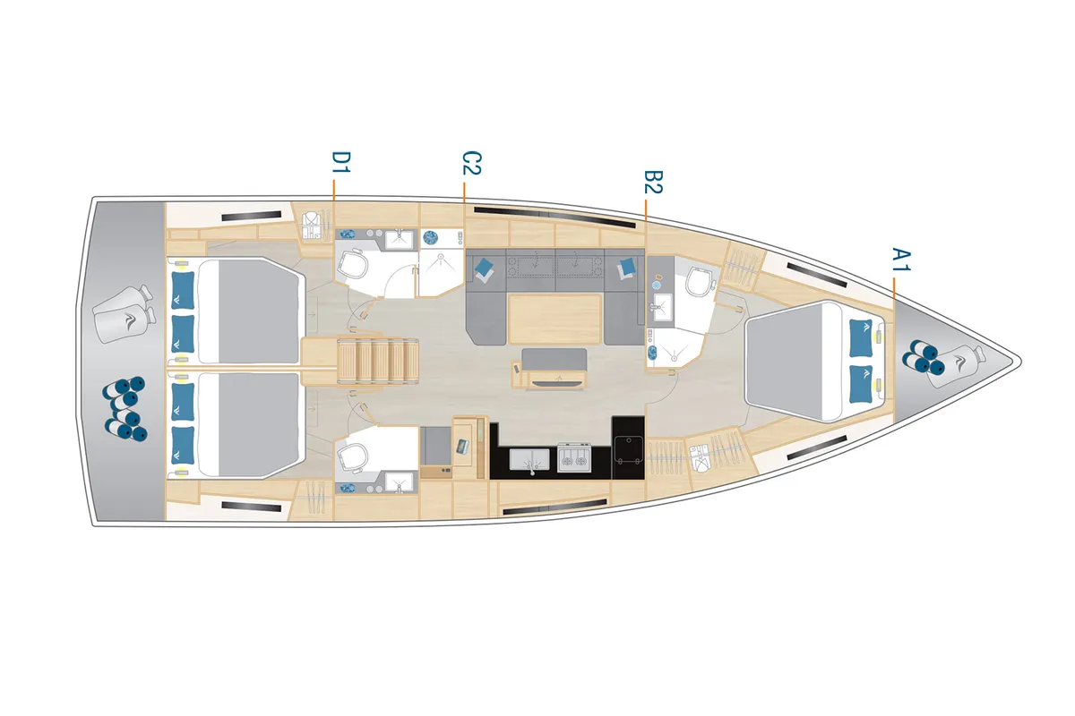 Floor plan of Hanse 461, a sailboat at Kaštela, Croatia