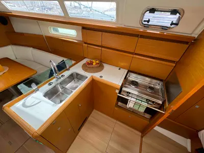 Galley of DUST IN THE WIND, a Jeanneau Sun Odyssey 389 sailboat at Sukošan, Croatia