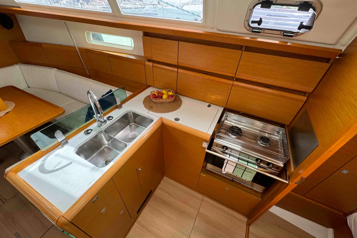 Galley of DUST IN THE WIND, a Jeanneau Sun Odyssey 389 sailboat at Sukošan, Croatia