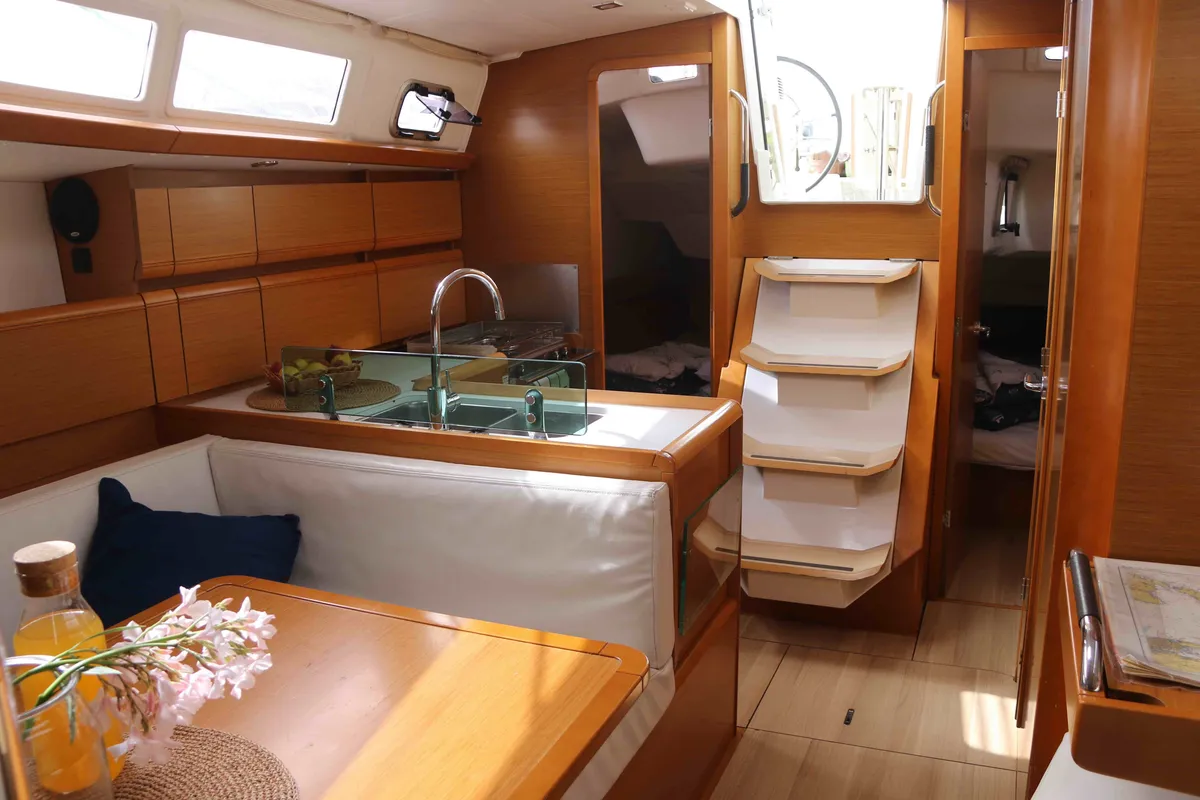 Salon of DUST IN THE WIND, a Jeanneau Sun Odyssey 389 sailboat at Sukošan, Croatia
