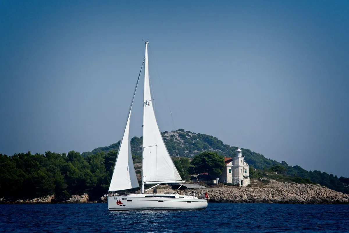 Exterior view of MH 62, a Bavaria Cruiser 41 sailboat at Murter, Croatia