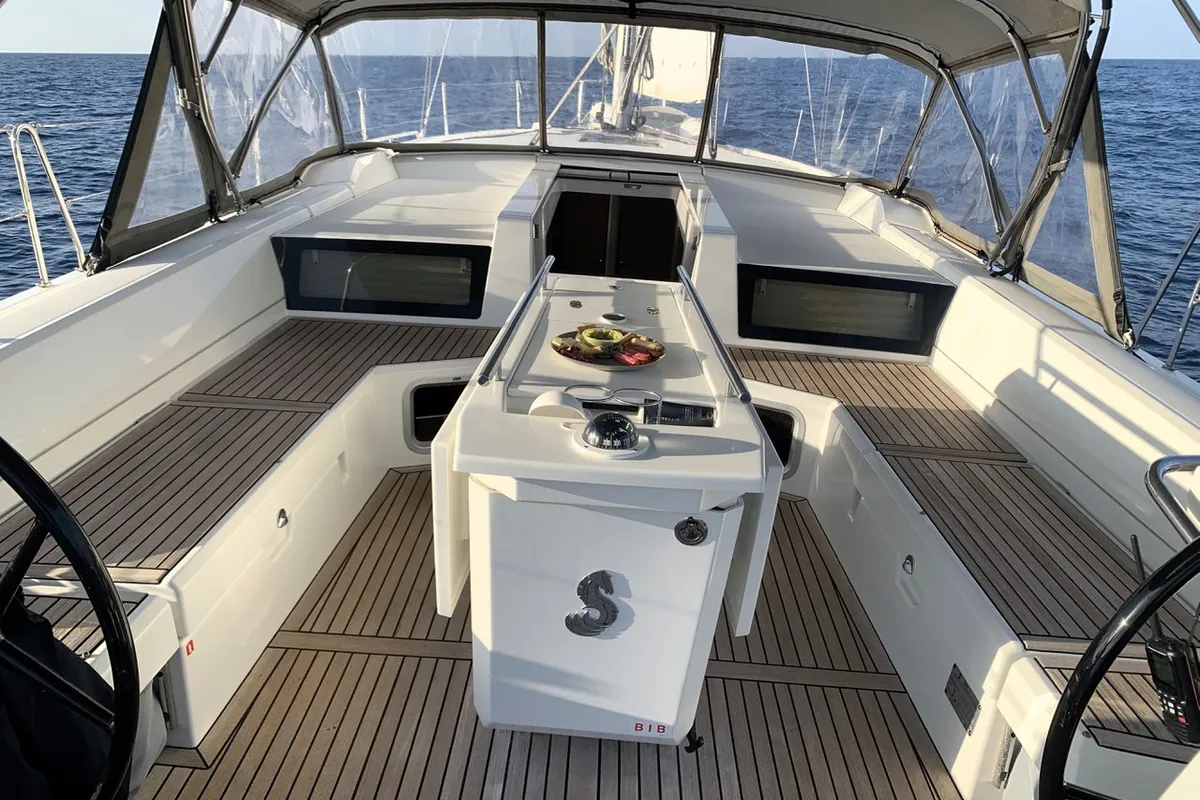 Cockpit of Avocado, a Beneteau Oceanis 51.1 sailboat at Cala Egos, Spain
