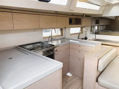 Galley of Avocado, a Beneteau Oceanis 51.1 sailboat at Cala Egos, Spain