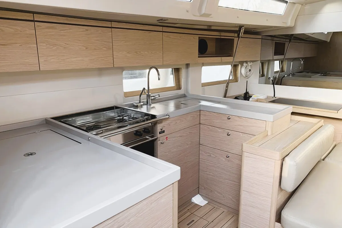 Galley of Avocado, a Beneteau Oceanis 51.1 sailboat at Cala Egos, Spain