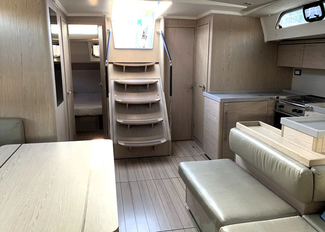 Salon of Avocado, a Beneteau Oceanis 51.1 sailboat at Cala Egos, Spain