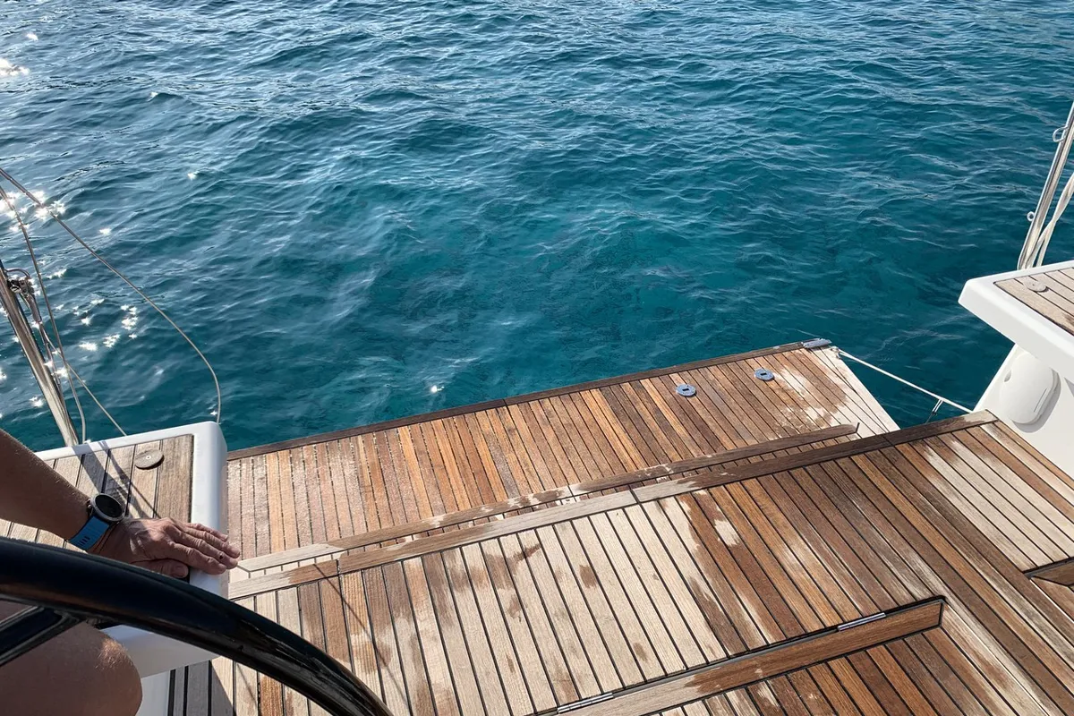 Deck of Avocado, a Beneteau Oceanis 51.1 sailboat at Cala Egos, Spain