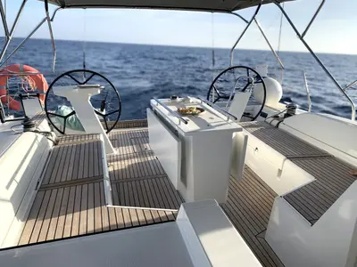 Cockpit of Avocado, a Beneteau Oceanis 51.1 sailboat at Cala Egos, Spain