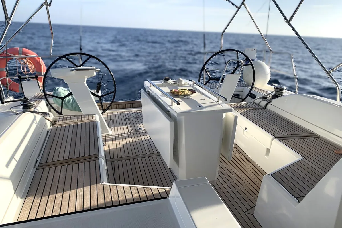 Cockpit of Avocado, a Beneteau Oceanis 51.1 sailboat at Cala Egos, Spain