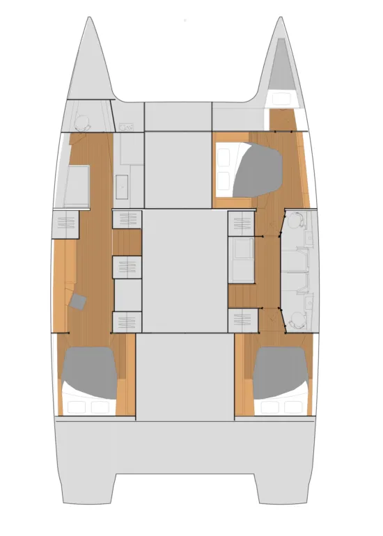 Floor plan of Ramble On, a Fountaine Pajot Tanna 47 Maestro catamaran at Central Abaco, Bahamas