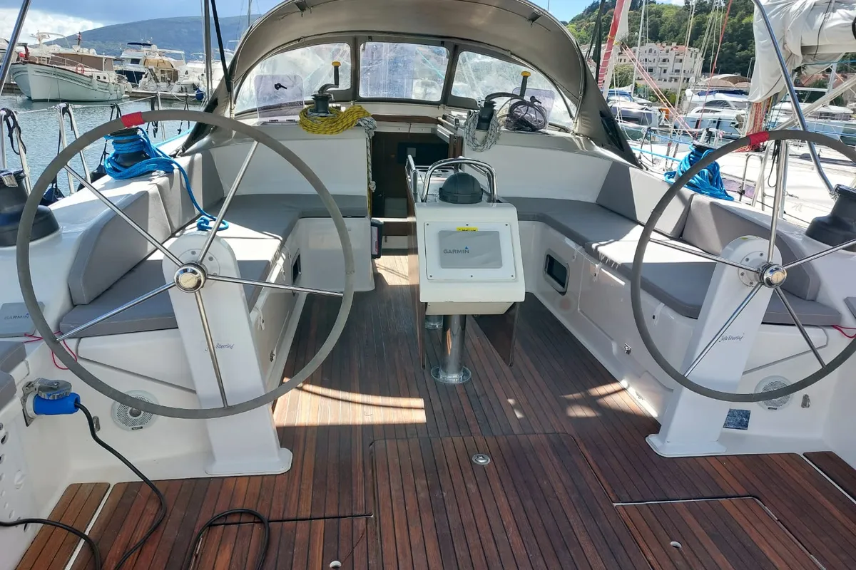 Cockpit of Vera, a Bavaria 51 Cruiser sailboat at Herceg Novi, Montenegro