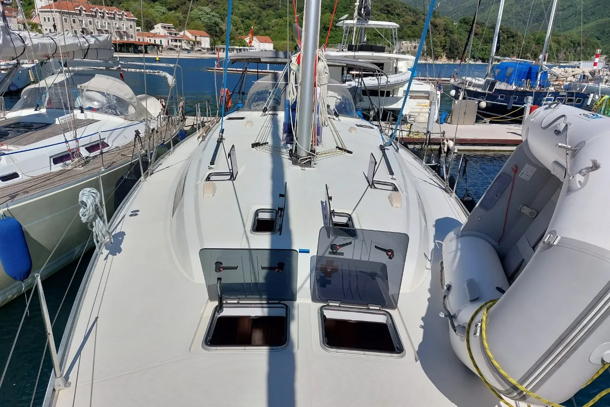 Deck of Vera, a Bavaria 51 Cruiser sailboat at Herceg Novi, Montenegro