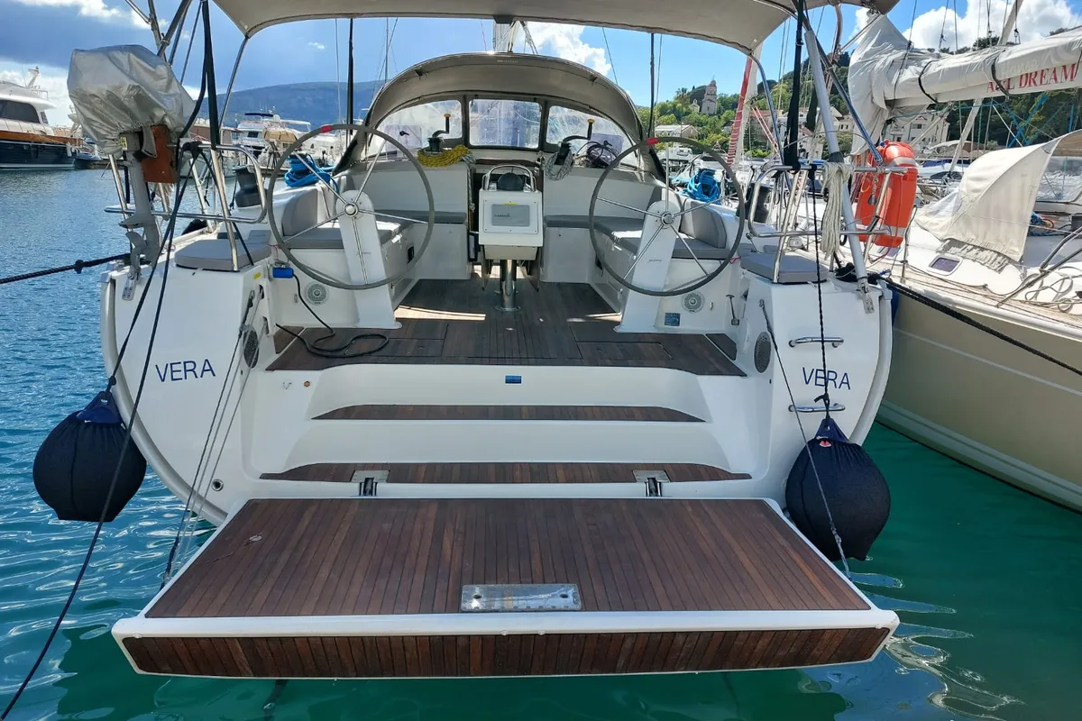 Cockpit of Vera, a Bavaria 51 Cruiser sailboat at Herceg Novi, Montenegro